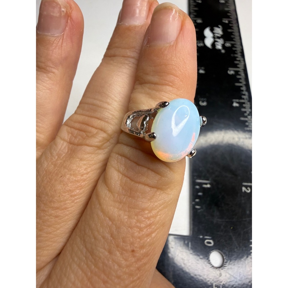 Opalite Heart Detail Silver Tone Oval Cabochon Statement Ring Size 6.5